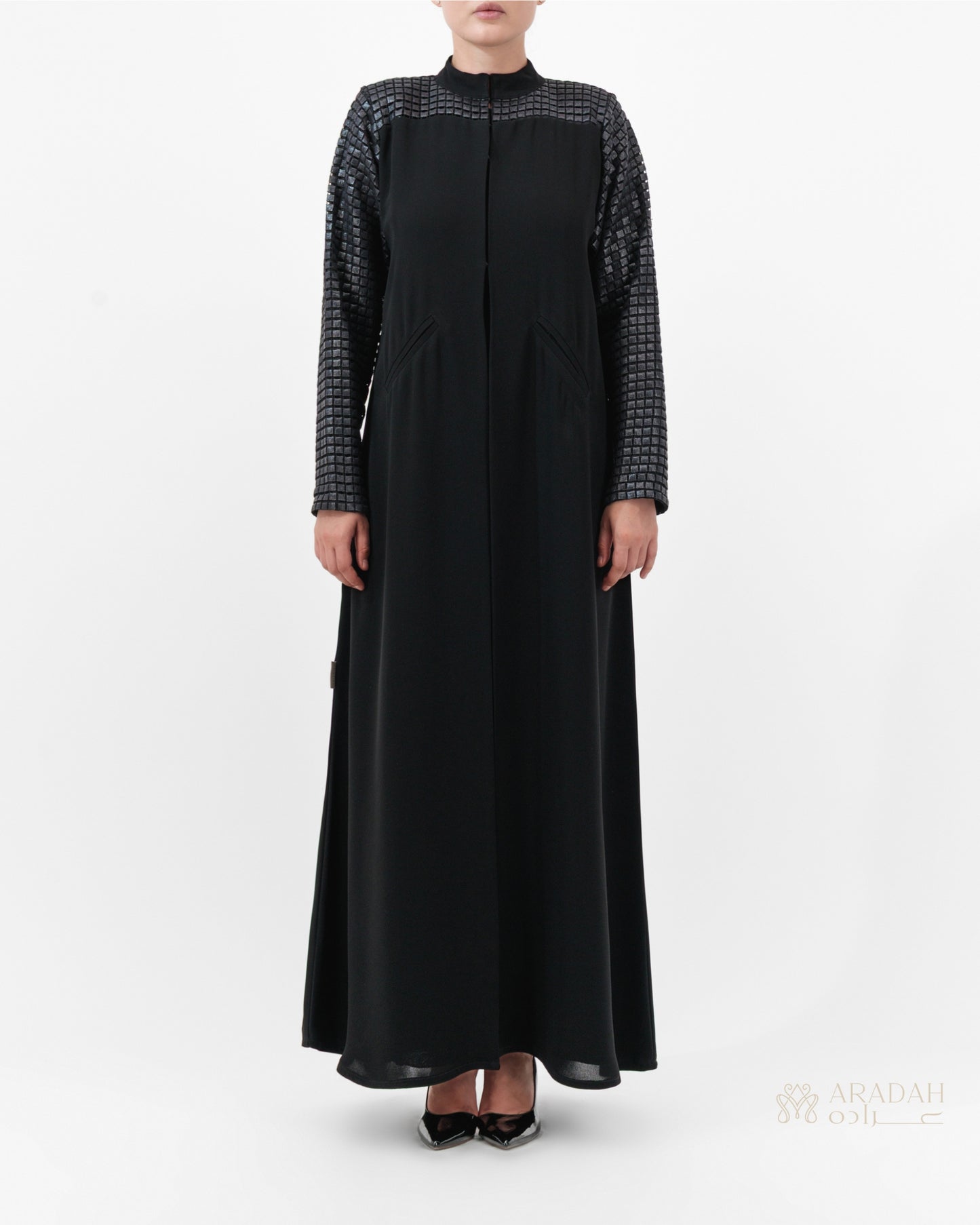 Grid Noir abaya by Aradah — black — front view