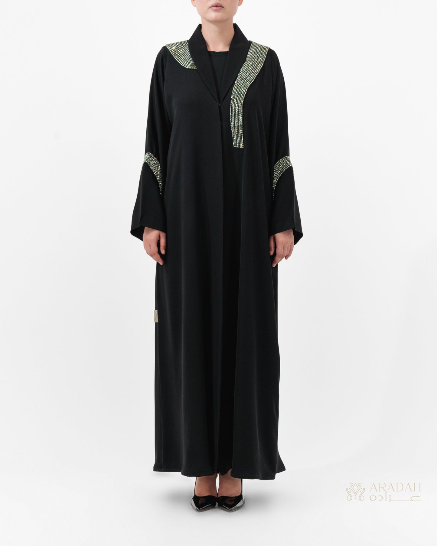 Beaded Talli abaya by Aradah — Nidha fabric — black — front view