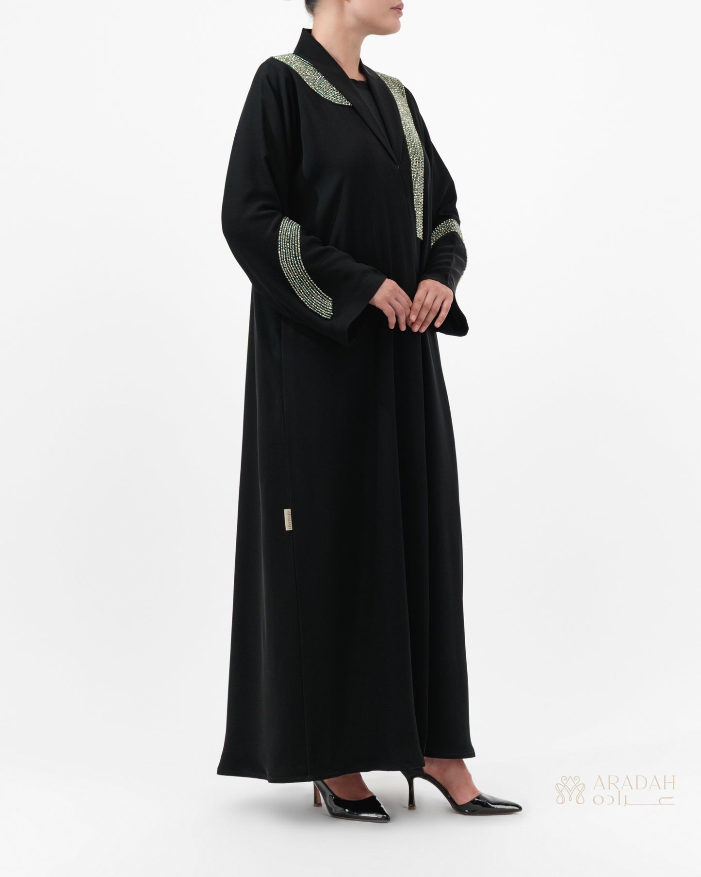 Beaded Talli abaya — Nidha — black — side profile