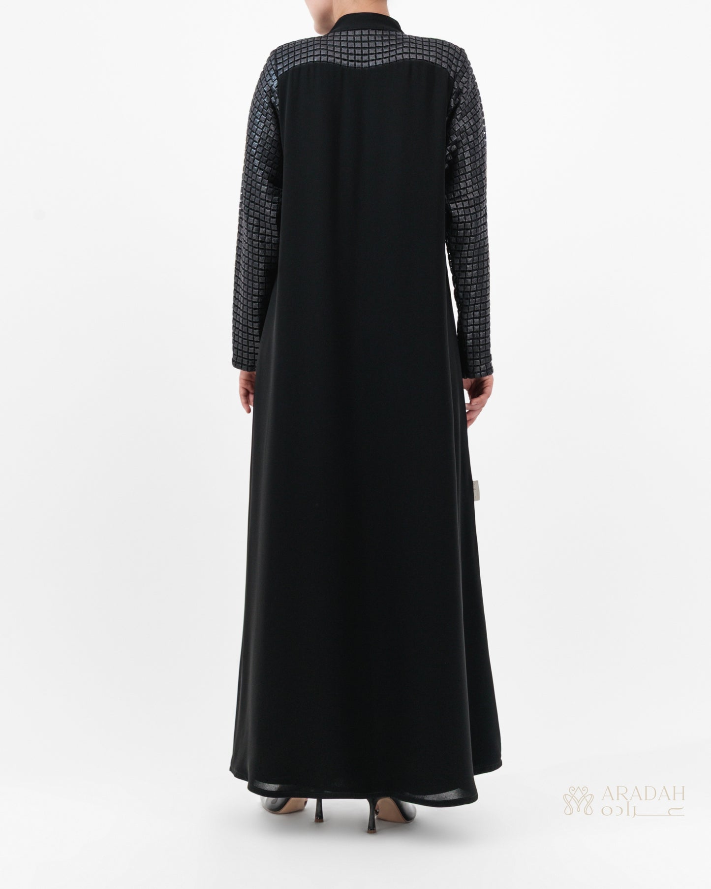 Grid Noir abaya — black — back view