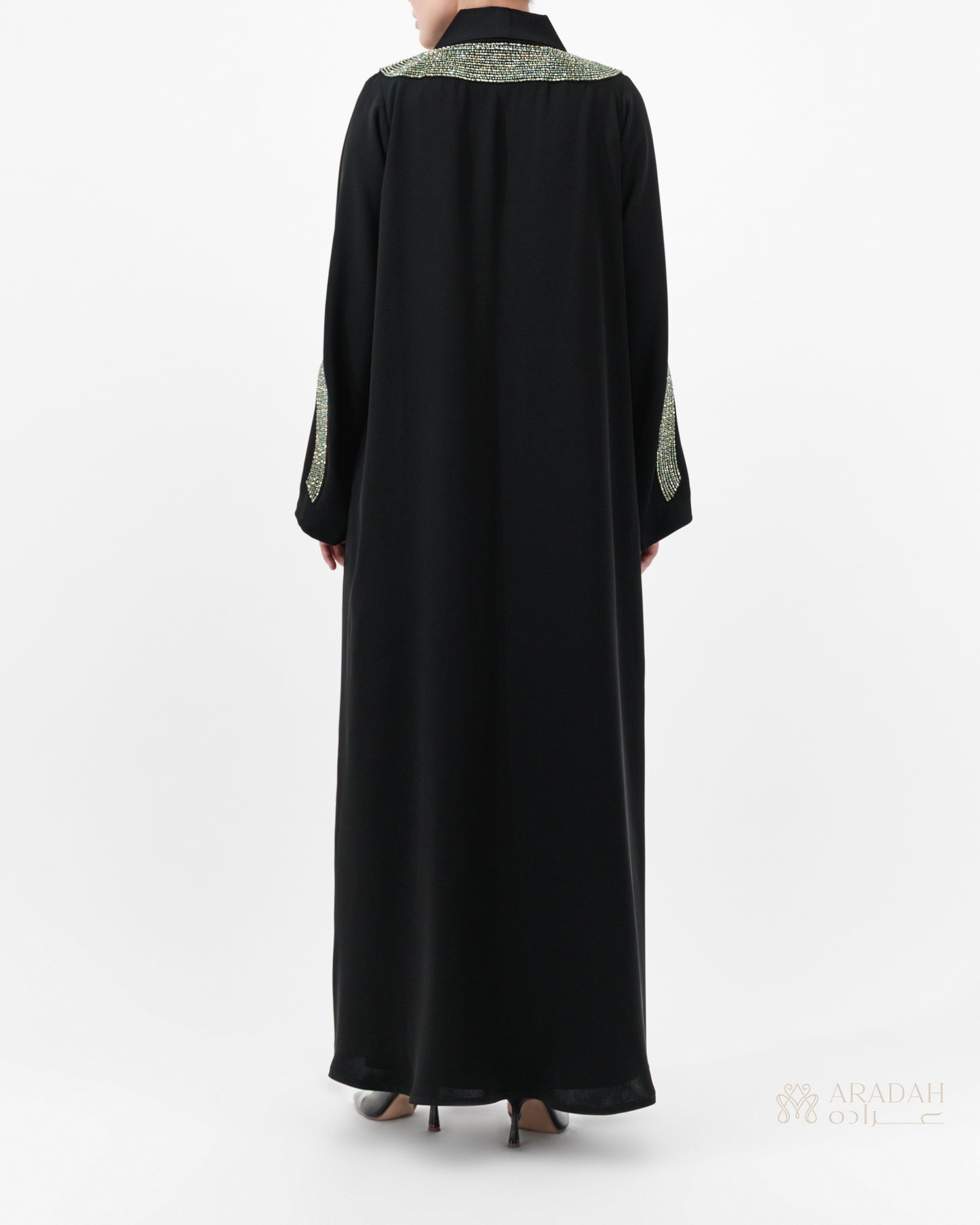 Beaded Talli abaya — Nidha — black — back view