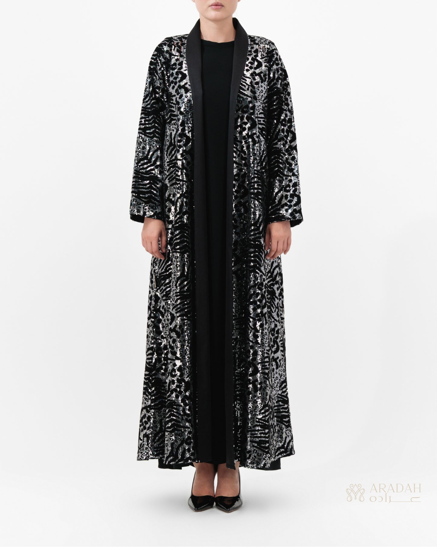 Midnight Mirage abaya by Aradah — black velvet with silver sequins — front view