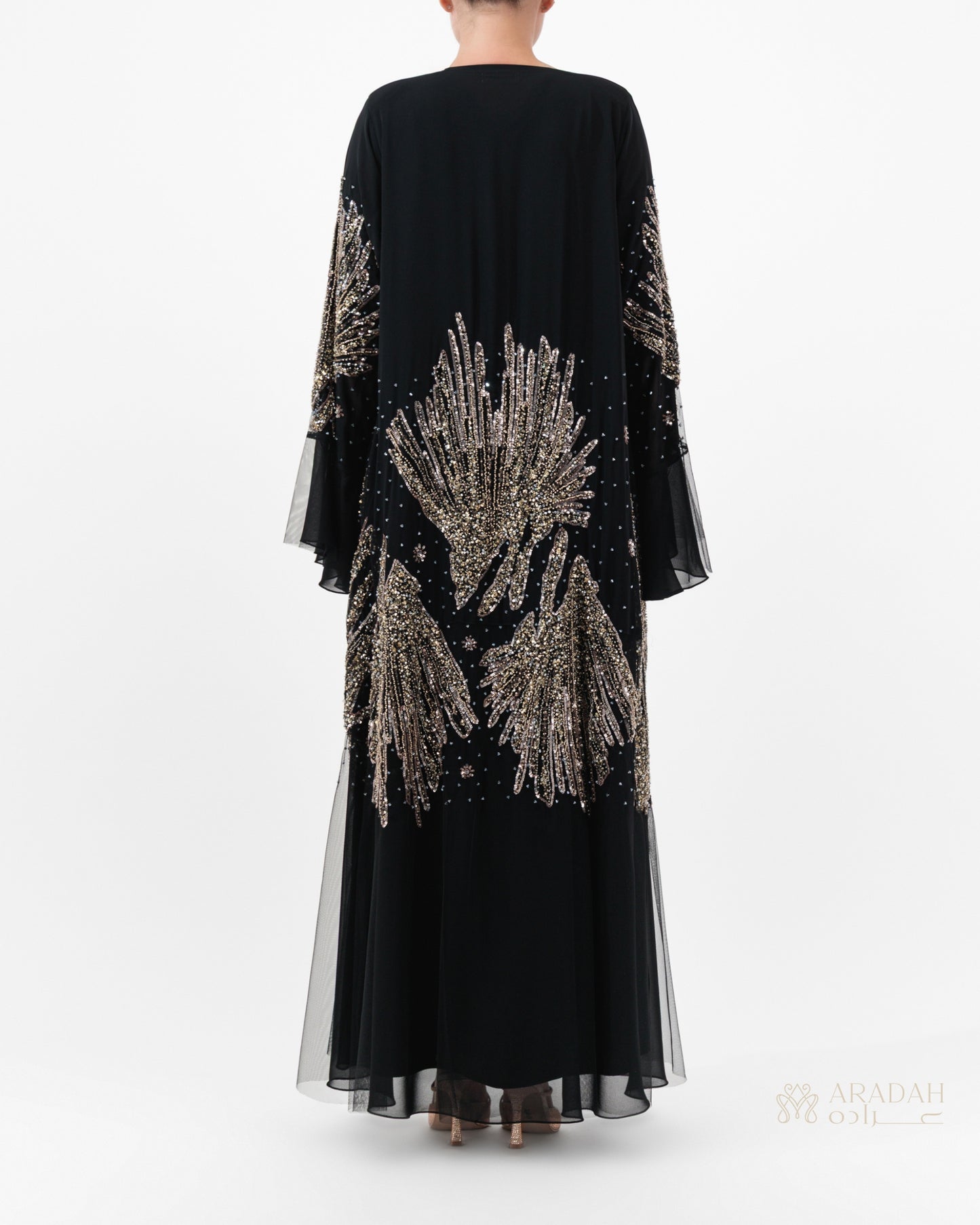 Solara abaya — Nidha — black — French handwork in gold/silver/bronze — side profile