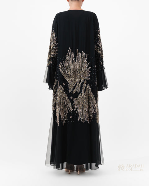 Solara abaya — Nidha — black — French handwork in gold/silver/bronze — side profile