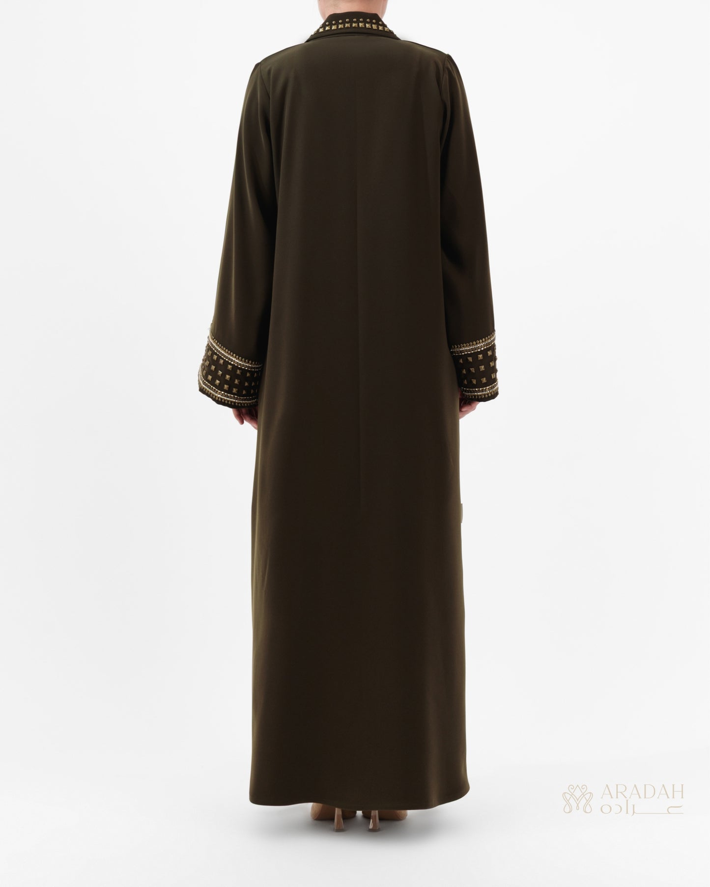 Aradah luxury abaya — Nidha fabric — Olive green— back view