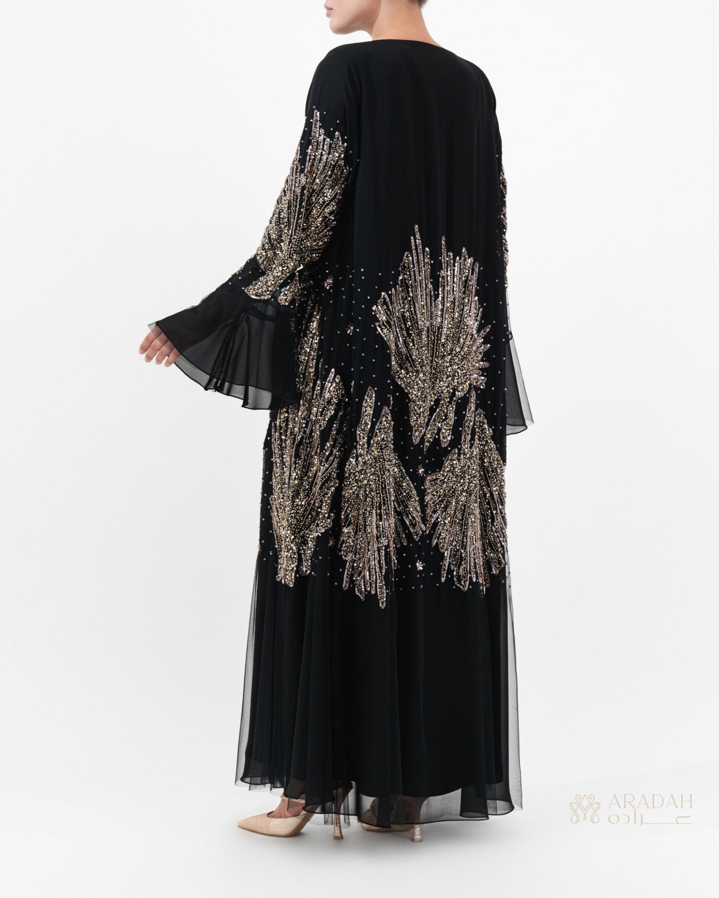 Solara abaya — Nidha — black — French handwork in gold/silver/bronze — side profile