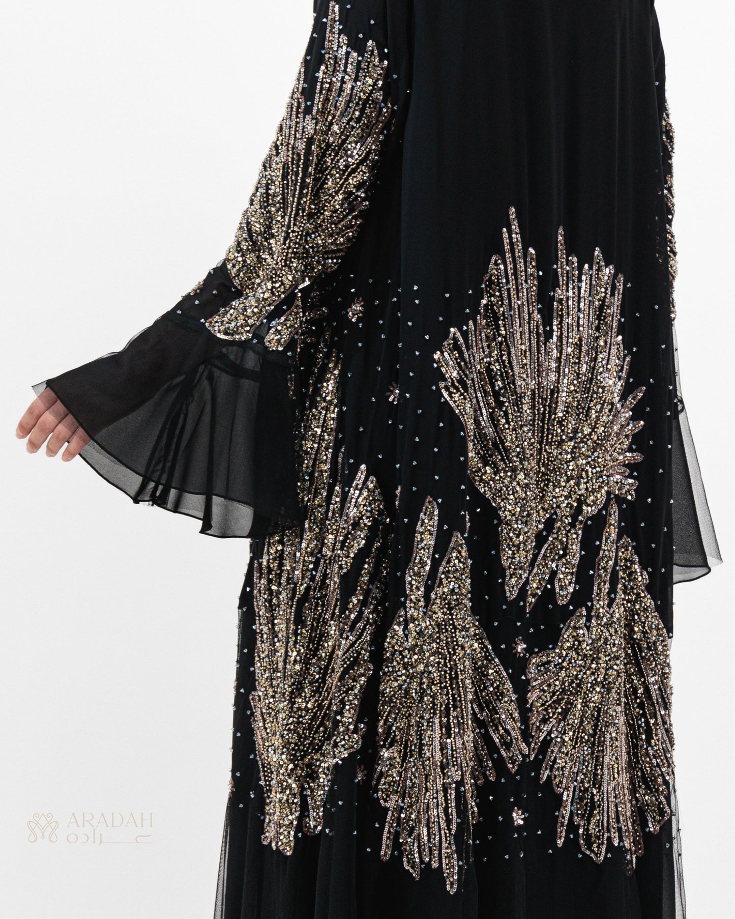 Solara abaya — chiffon tulle hem and handwork — close detail