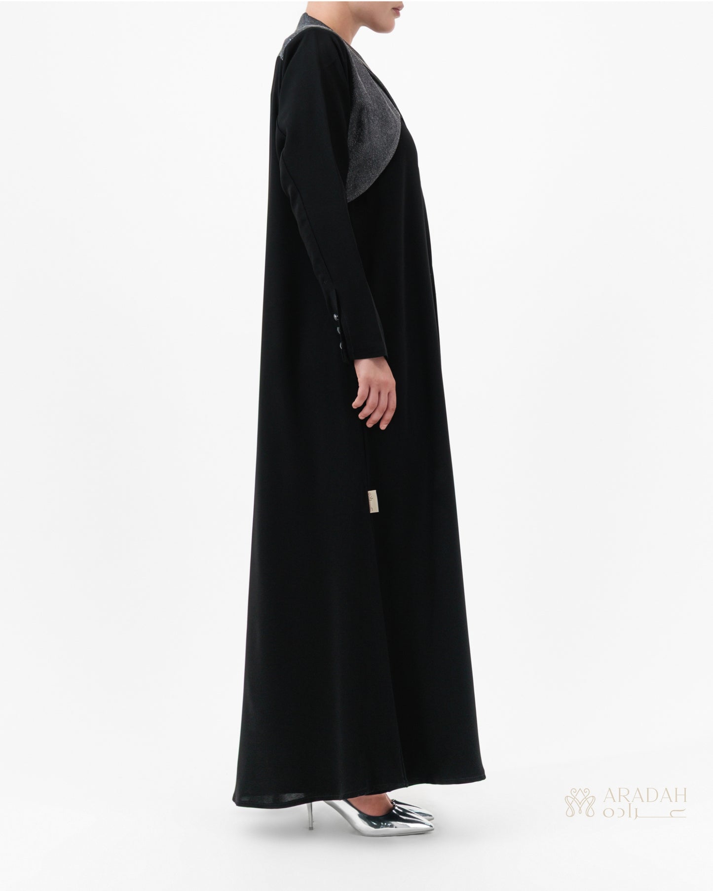 Black long dress with a gray top on a white background
