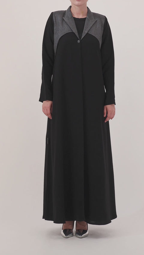 Rush Hour abaya — metallic woven lines panel — close detail