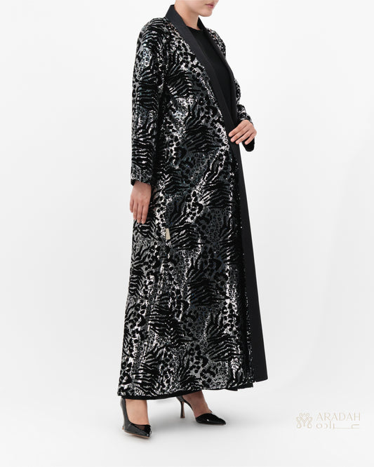 Midnight Mirage abaya — black velvet — side profile

