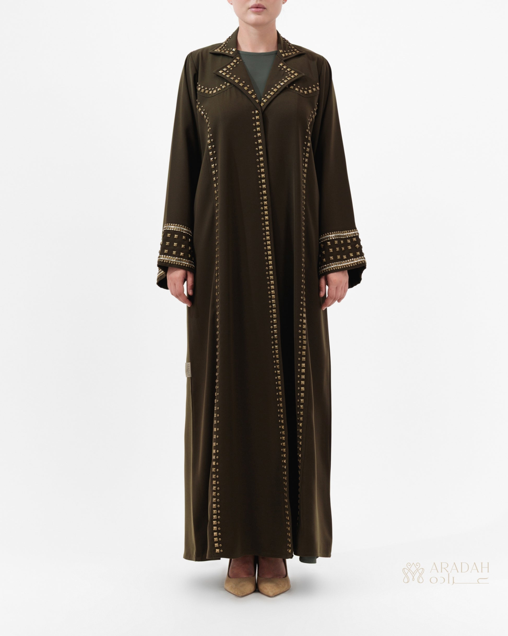Aradah luxury abaya — Nidha fabric — Olive green— front view