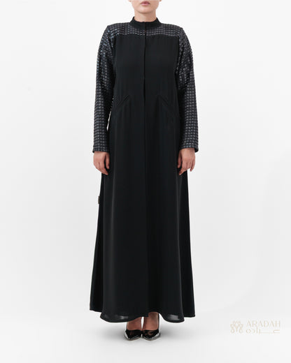 Grid Noir abaya by Aradah — black — front view

