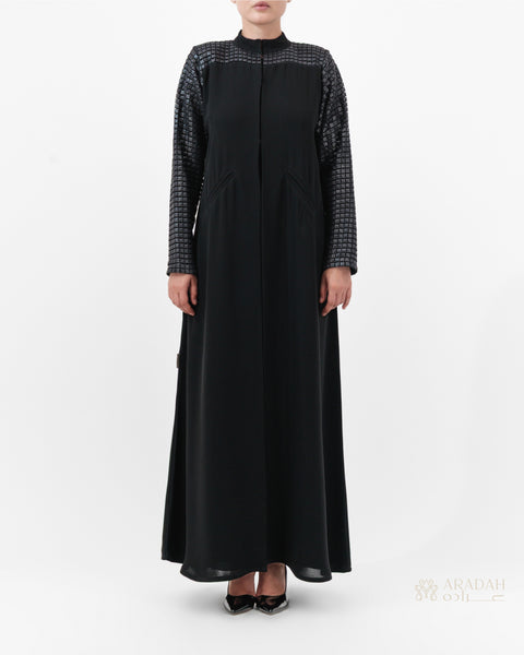 Grid Noir abaya by Aradah — black — front view

