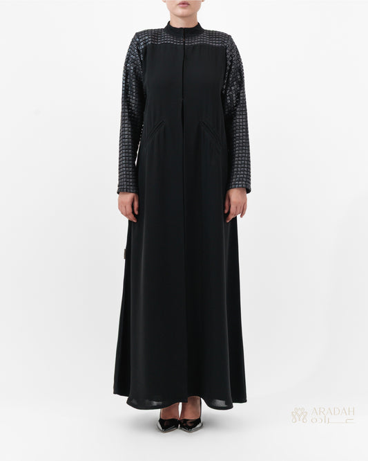 Grid Noir abaya by Aradah — black — front view

