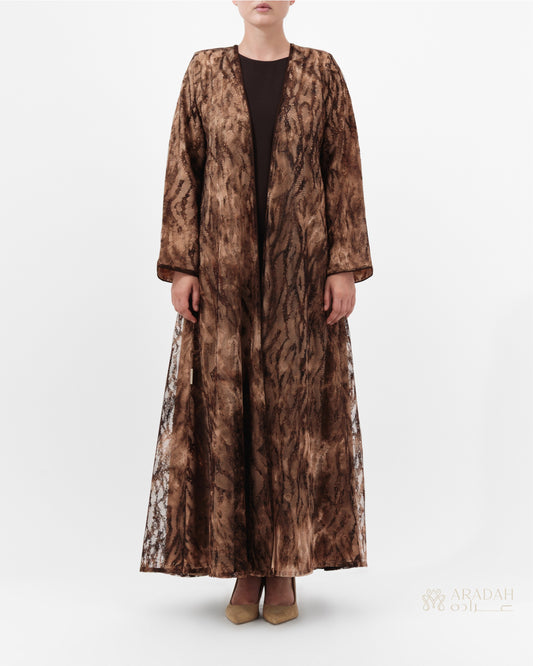 Sahara abaya by Aradah — lace over Japanese satin — brown/beige — front view