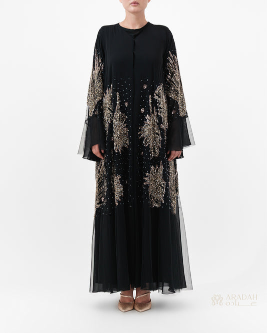 Solara abaya by Aradah — premium Nidha — black — front view

