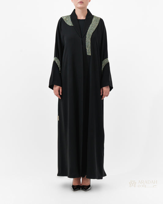 Beaded Talli abaya by Aradah — Nidha fabric — black — front view

