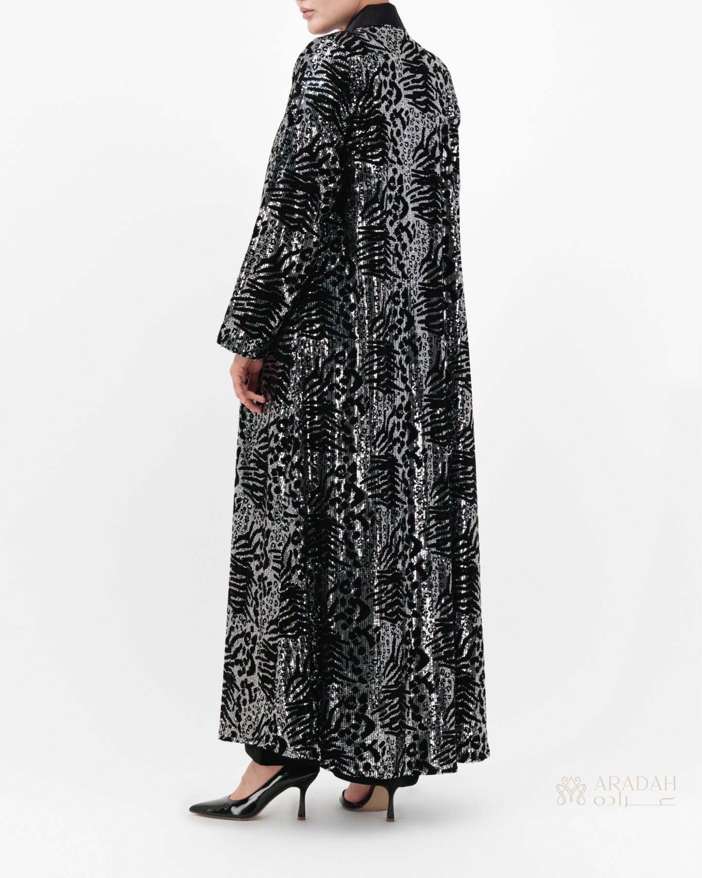 Midnight Mirage abaya — black velvet — back view

