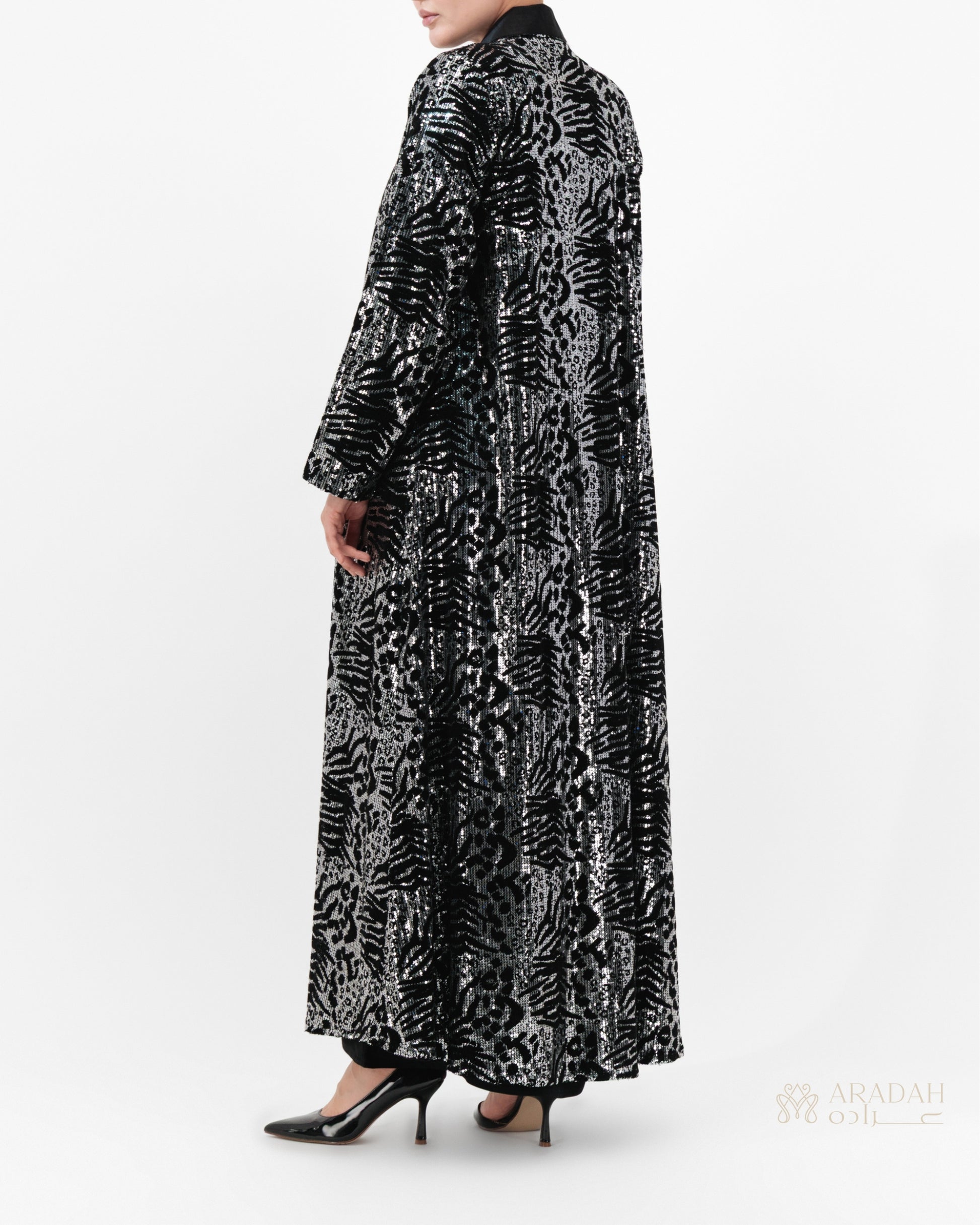 Midnight Mirage abaya — black velvet — back view

