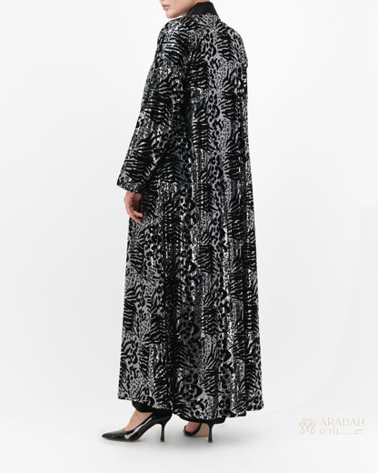 Midnight Mirage abaya — black velvet — back view

