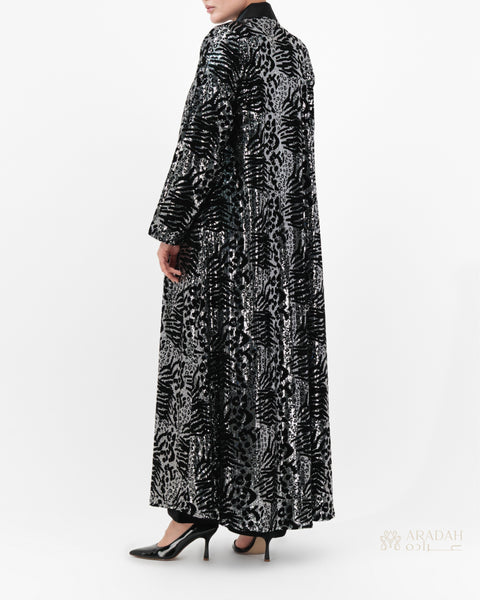 Midnight Mirage abaya — black velvet — back view


