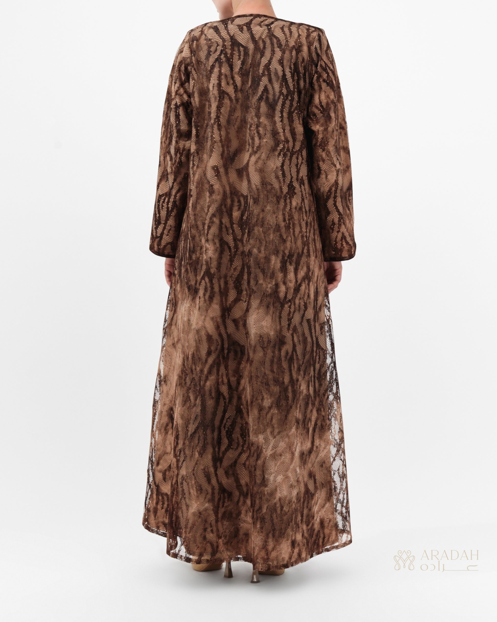 Sahara abaya — lace over satin — brown/beige — back view

