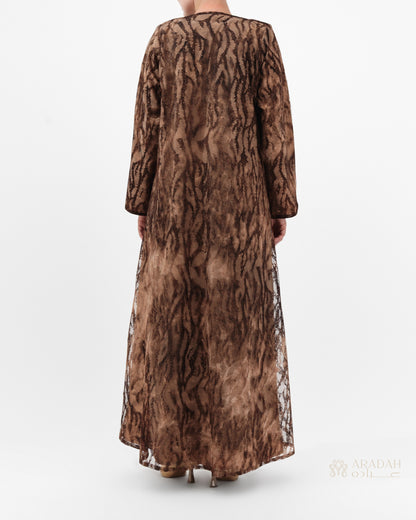 Sahara abaya — lace over satin — brown/beige — back view

