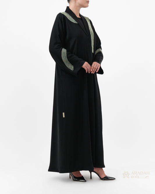 Beaded Talli abaya — Nidha — black — side profile

