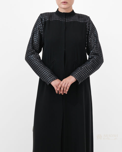 Grid Noir abaya — Turkish leather grid panels on shoulders — side profile

