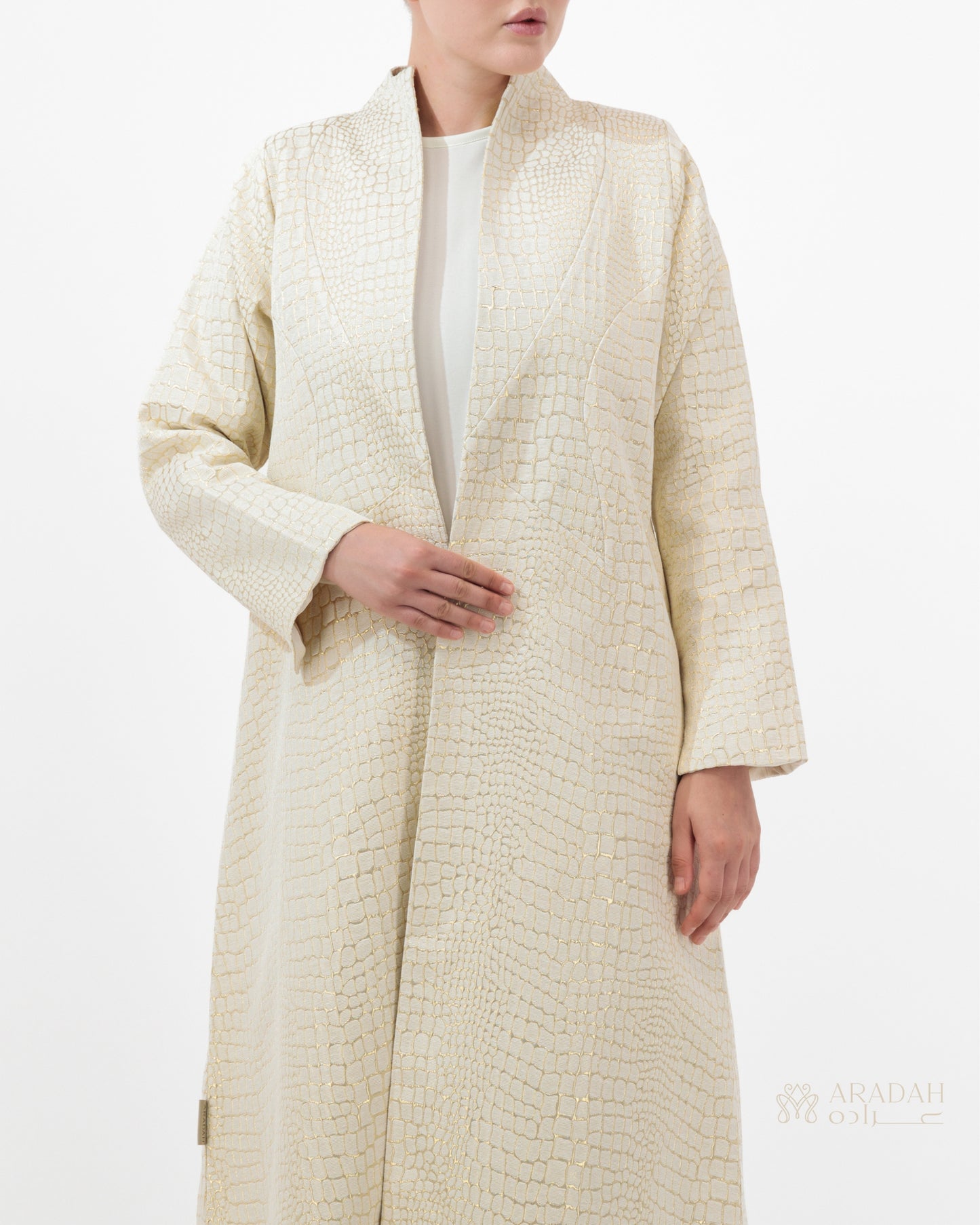 Aradah luxury abaya — Beige Jacquard — Close Front View
