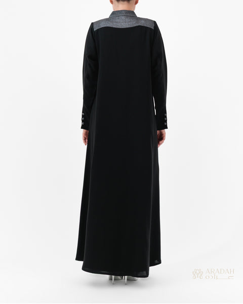 Rush Hour abaya — Nidha — black — limited-edition silver textured panel — side profile

