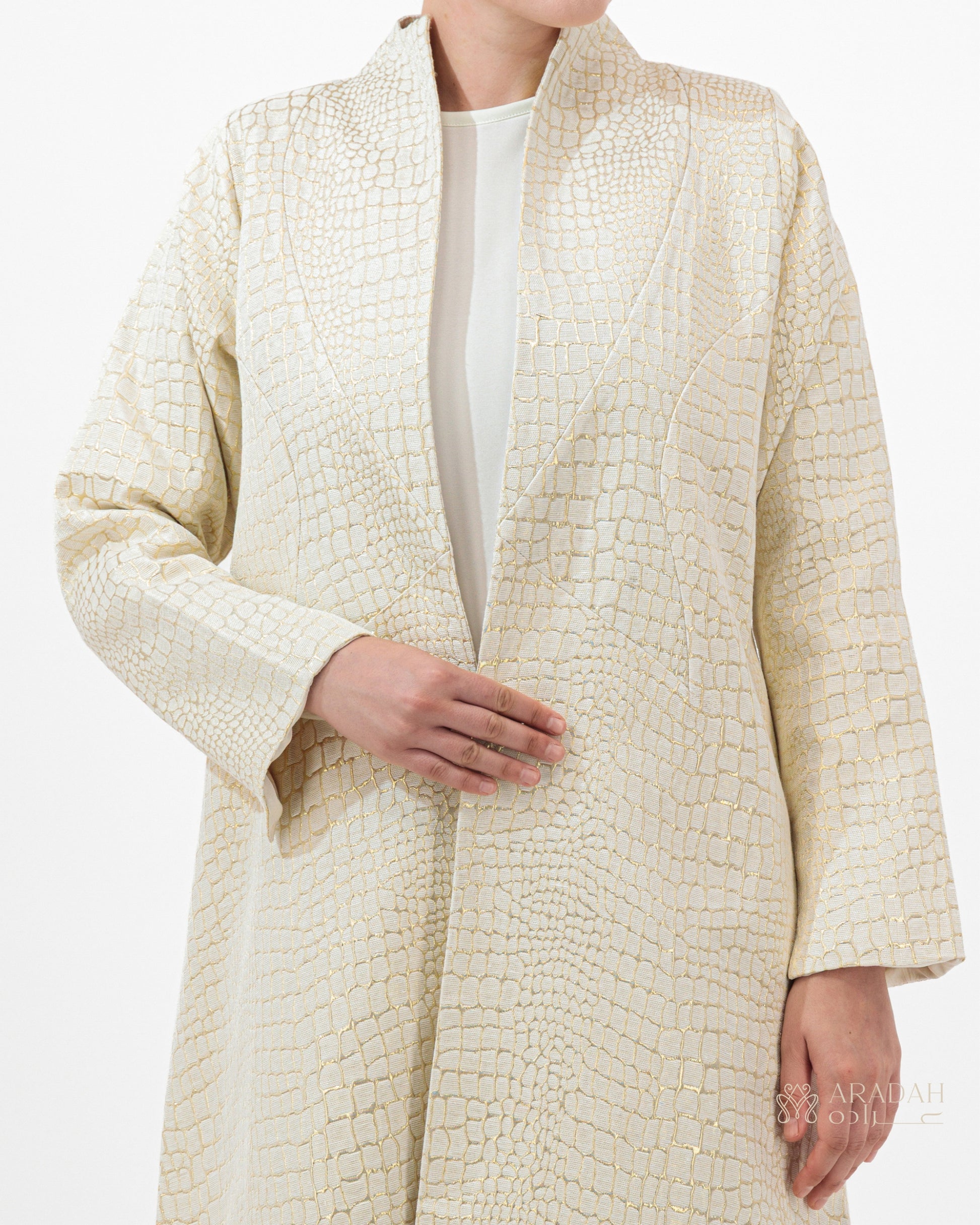 Aradah luxury abaya — Beige Jacquard — Close Front View