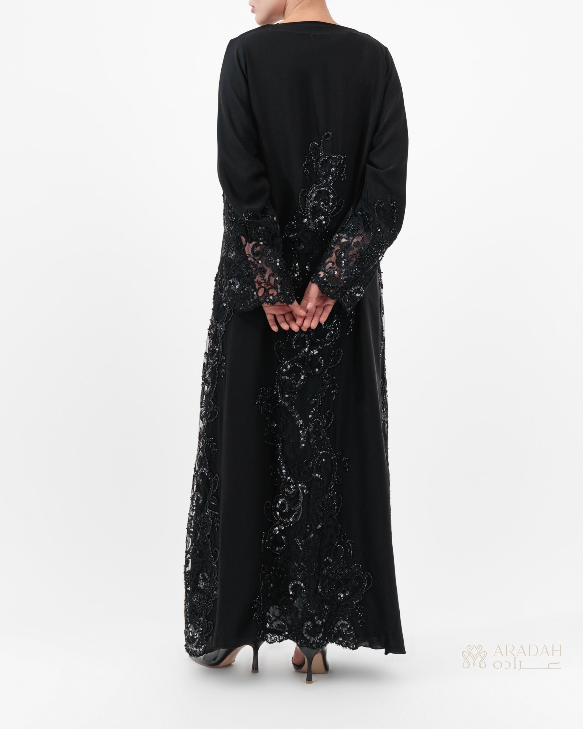 Aradah luxury abaya — Premium Nidha fabric — Black — Back view