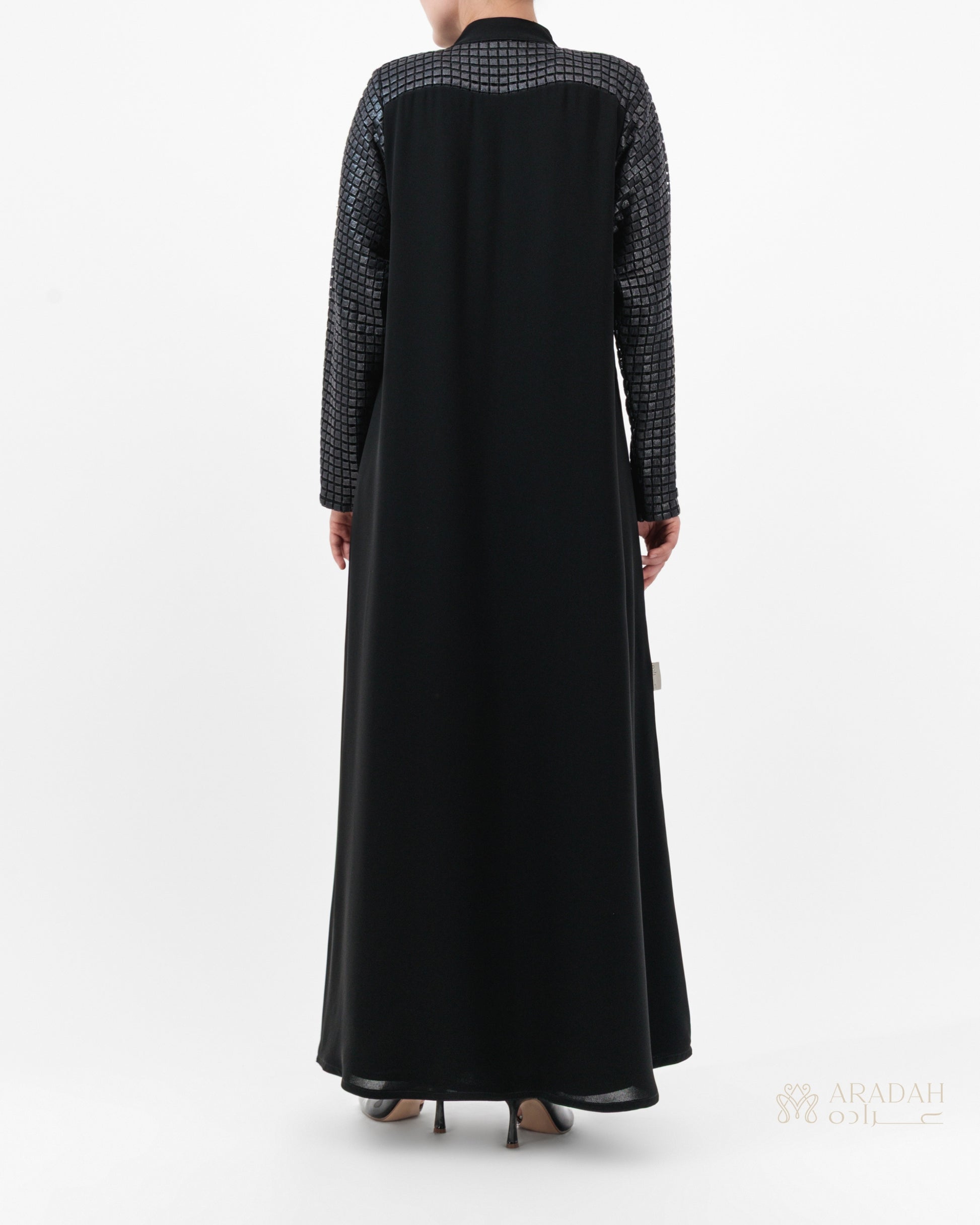 Grid Noir abaya — black — back view

