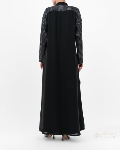 Grid Noir abaya — black — back view

