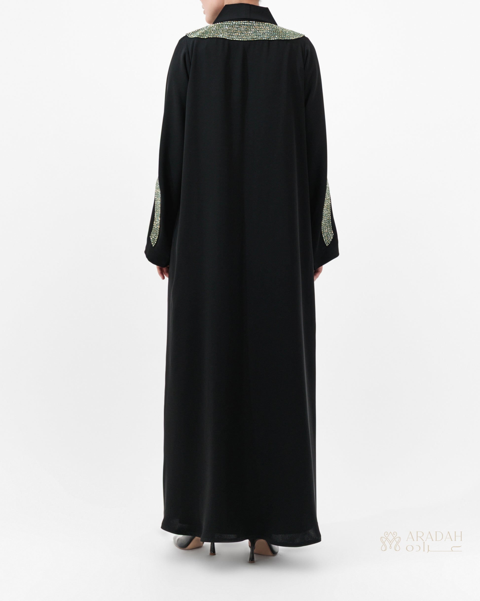 Beaded Talli abaya — Nidha — black — back view

