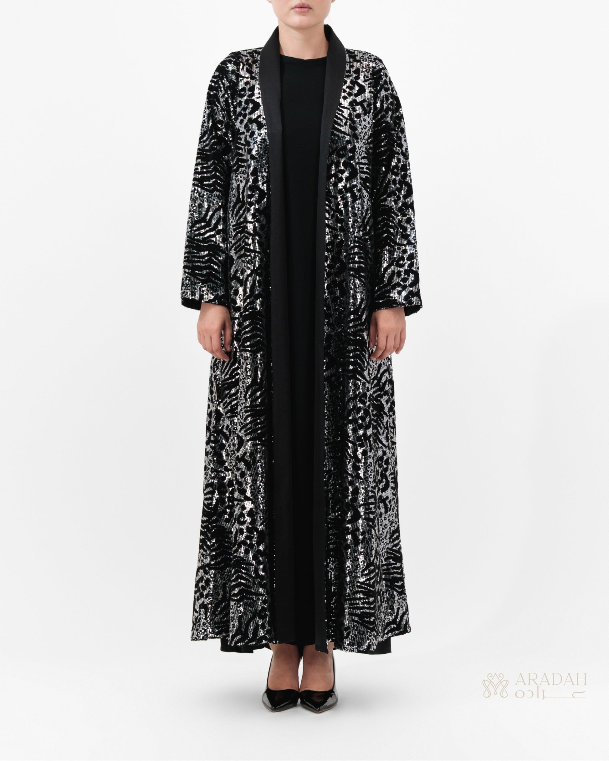 Midnight Mirage abaya by Aradah — black velvet with silver sequins — front view


