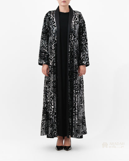 Midnight Mirage abaya by Aradah — black velvet with silver sequins — front view

