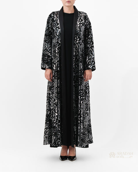 Midnight Mirage abaya by Aradah — black velvet with silver sequins — front view

