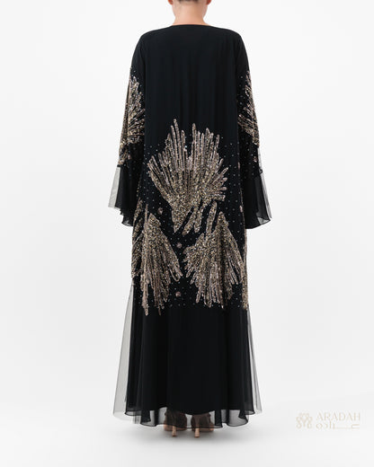 Solara abaya — Nidha — black — French handwork in gold/silver/bronze — side profile

