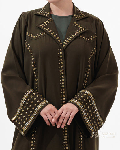Aradah luxury abaya — Nidha fabric — Olive green— close view