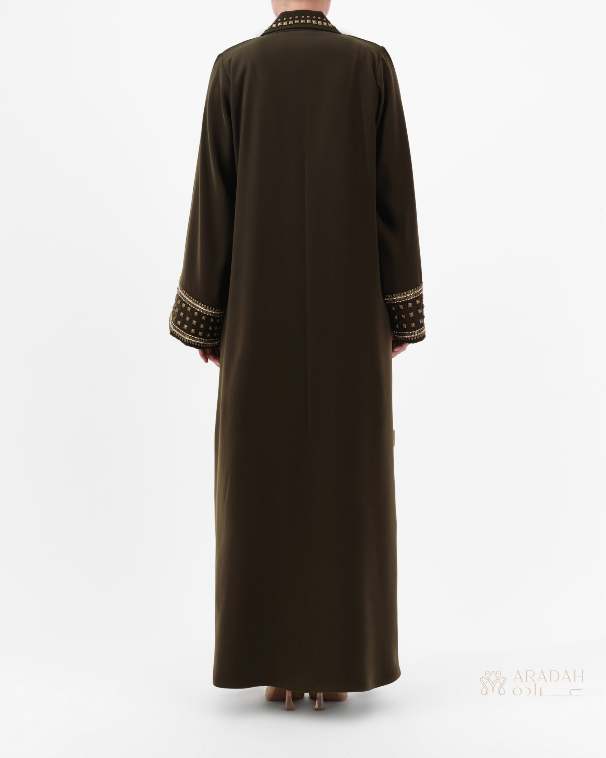 Aradah luxury abaya — Nidha fabric — Olive green— back view