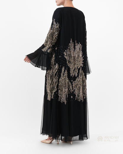 Solara abaya — Nidha — black — French handwork in gold/silver/bronze — side profile

