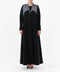 Black abaya with gray accents worn by a model on a white background