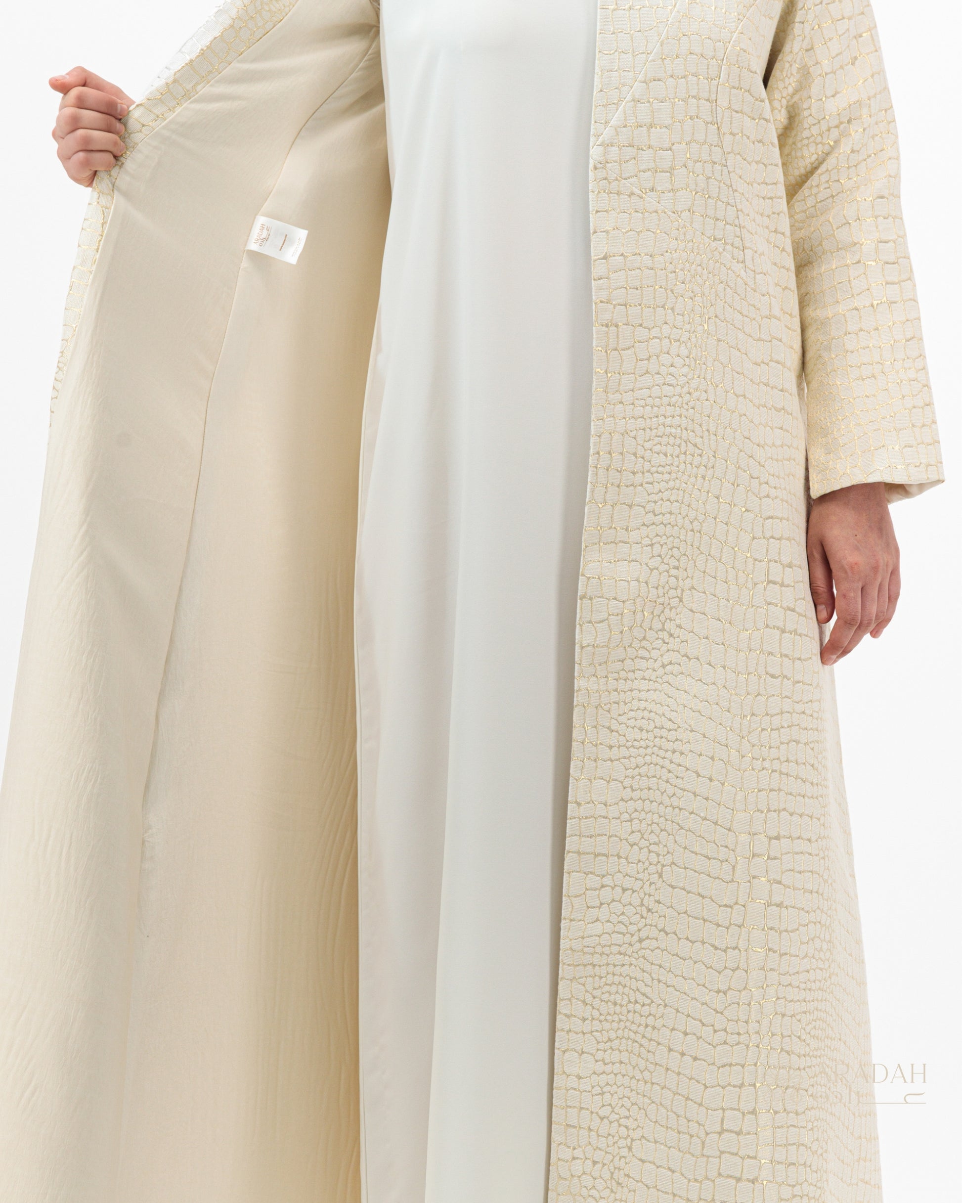 Aradah luxury abaya — Beige Jacquard — Detail View Double Layer