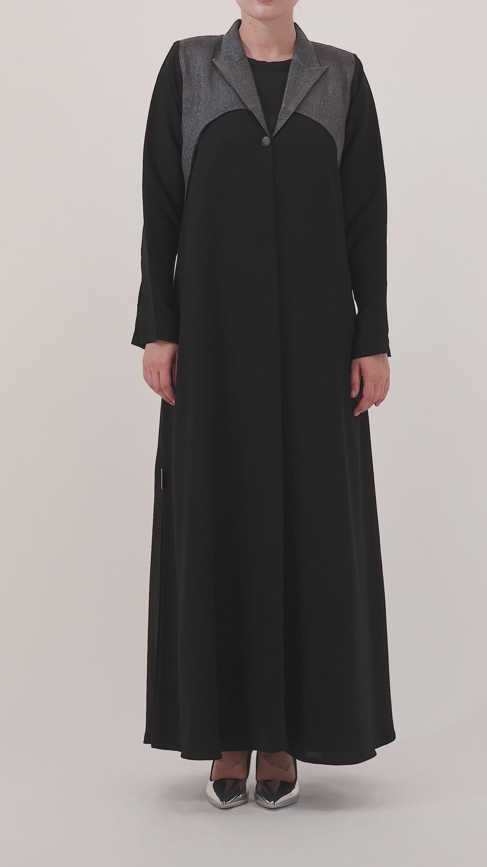 Rush Hour abaya — metallic woven lines panel — close detail

