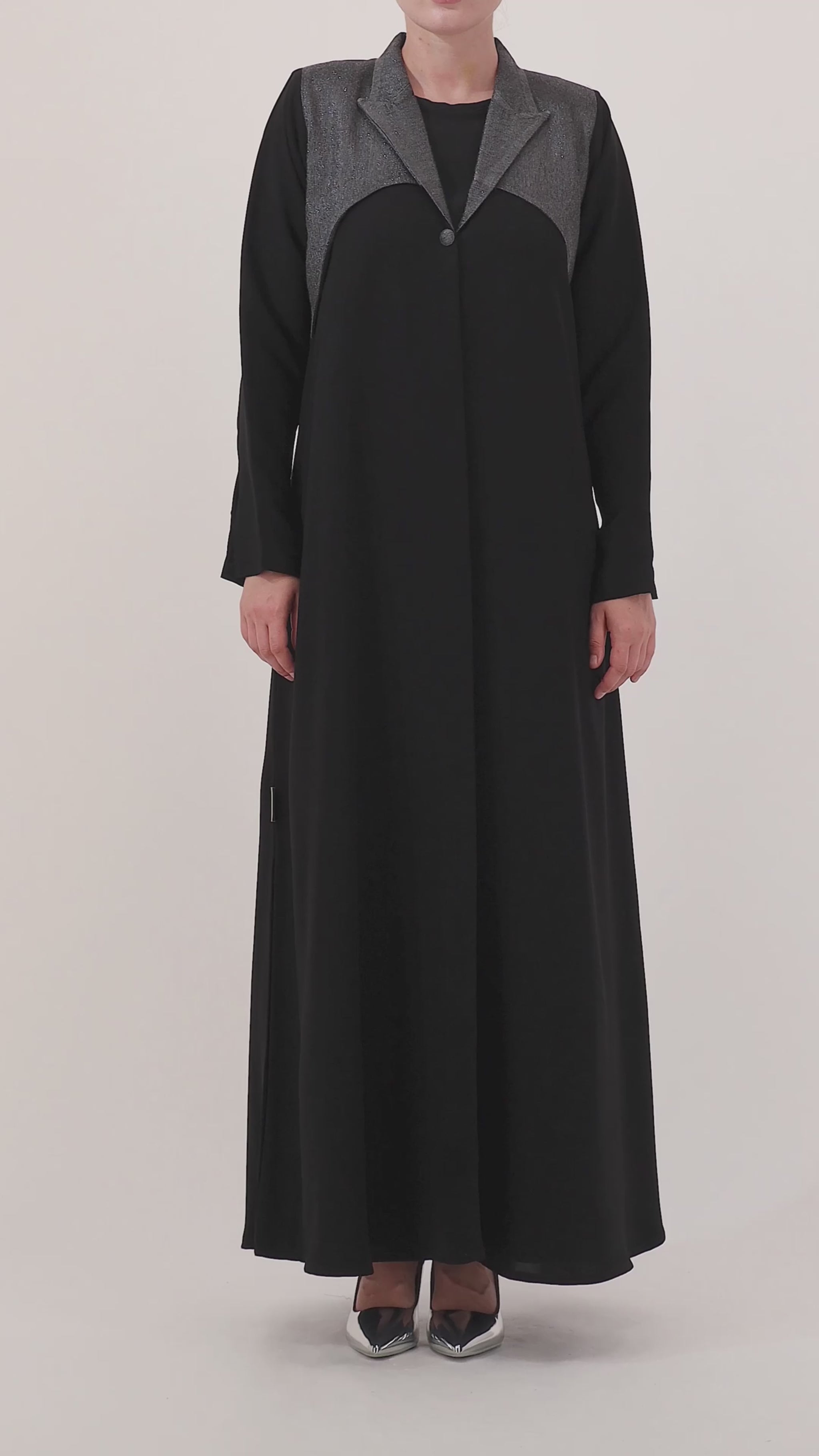 Rush Hour abaya — metallic woven lines panel — close detail

