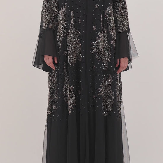 Solara abaya — chiffon tulle hem and handwork — close detail


