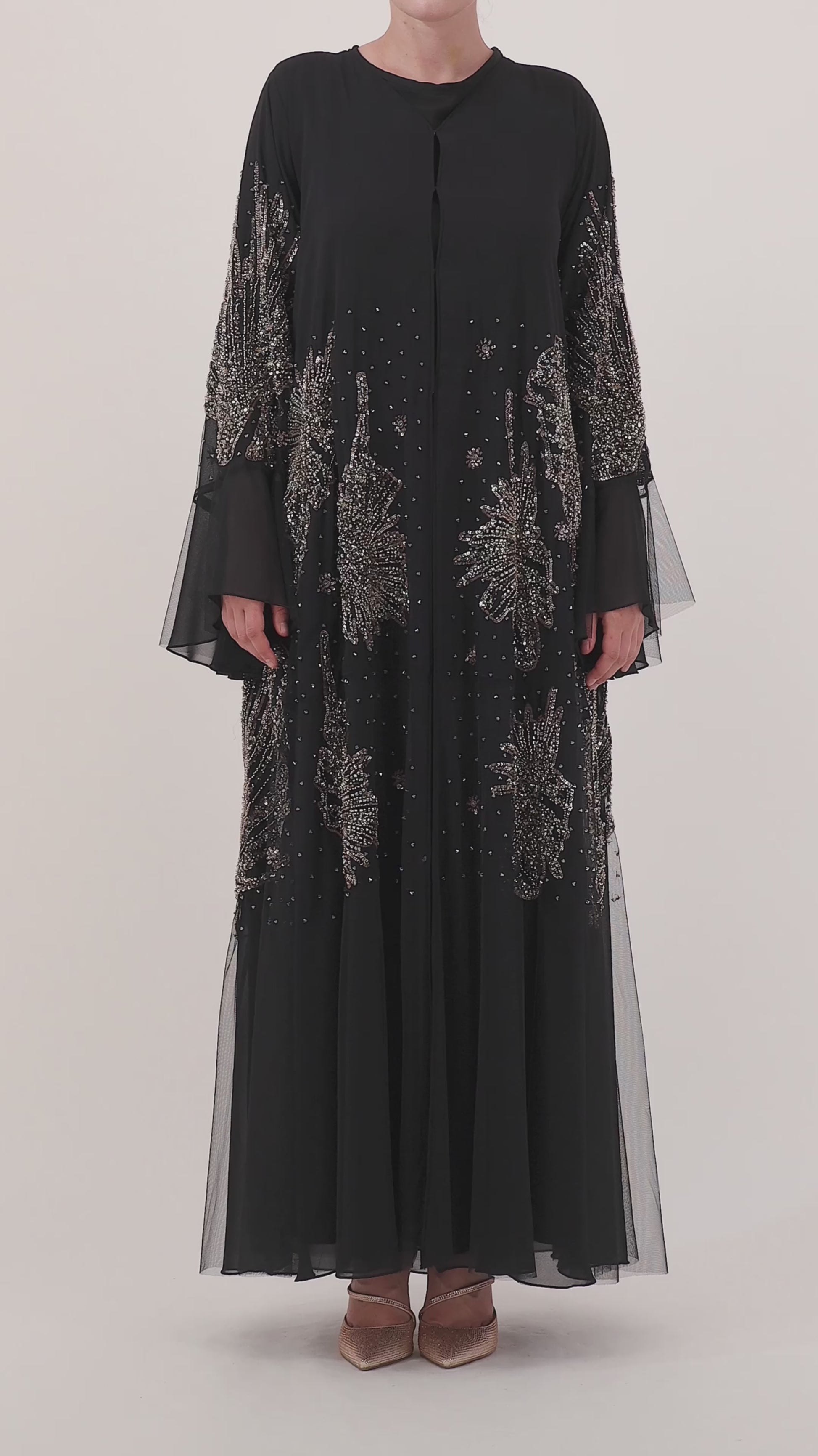 Solara abaya — chiffon tulle hem and handwork — close detail

