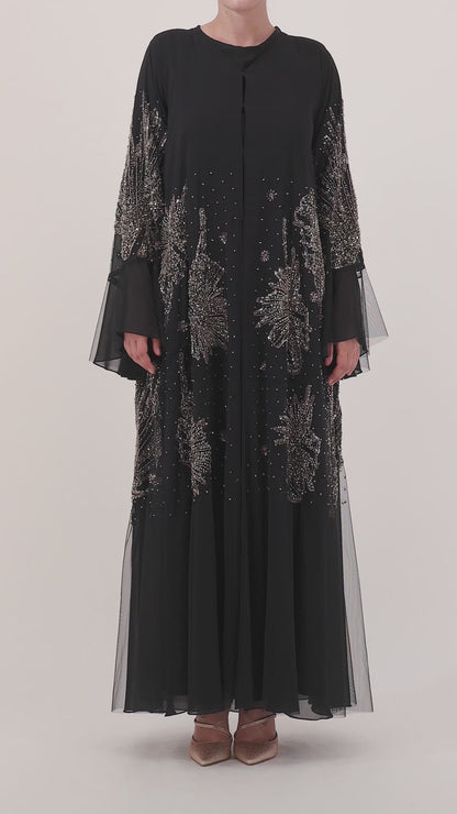 Solara abaya — chiffon tulle hem and handwork — close detail


